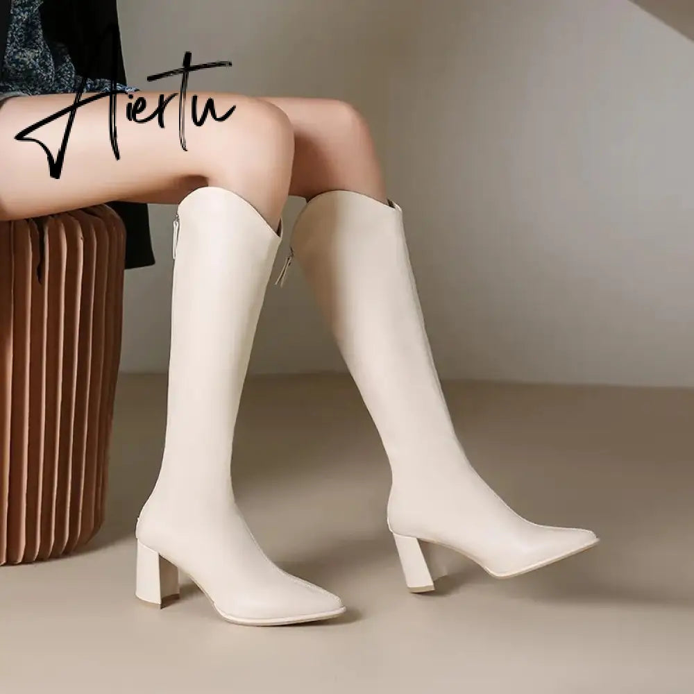 Plus Size 34-43 New Women Boots Zipper Thick High Heels Simple Thick High Heels Autumn Winter Boots Knee High Botas Aiertu