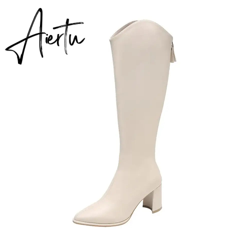 Plus Size 34-43 New Women Boots Zipper Thick High Heels Simple Thick High Heels Autumn Winter Boots Knee High Botas Aiertu