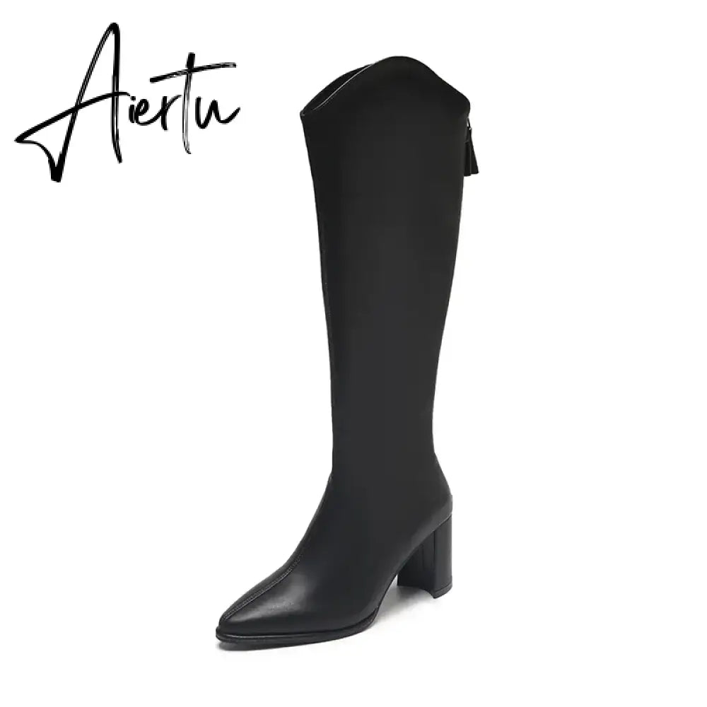 Plus Size 34-43 New Women Boots Zipper Thick High Heels Simple Thick High Heels Autumn Winter Boots Knee High Botas Aiertu