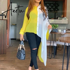 Plus Size 3xl Color Block Yellow Asymmetrical Long Sleeve Blouse Shirt Women Afircan Office Ladies Casual Fall Autumn Tops Aiertu