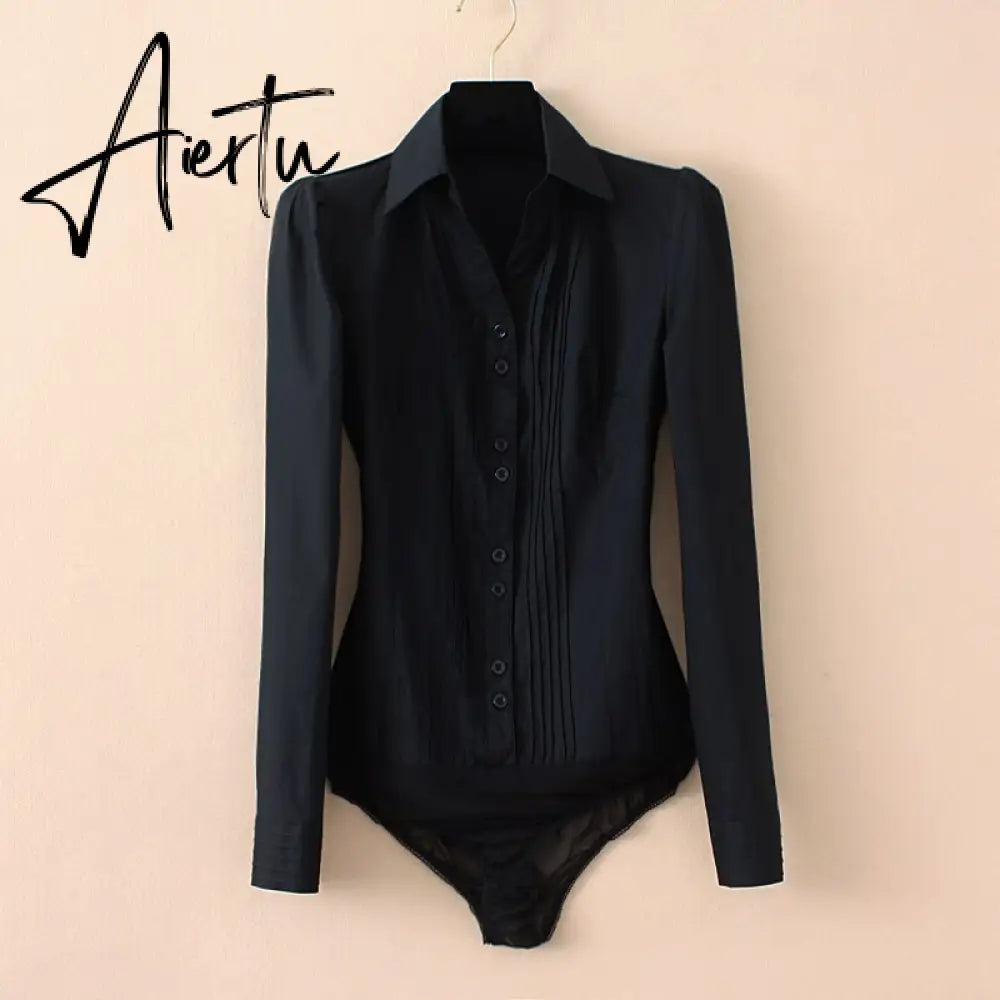 Plus Size Solid Color Turn-down Collar V Neck Bodysuit Women Shirts Front Pleated White Blouse Office Ladies Tops Black Blue 5XL Aiertu