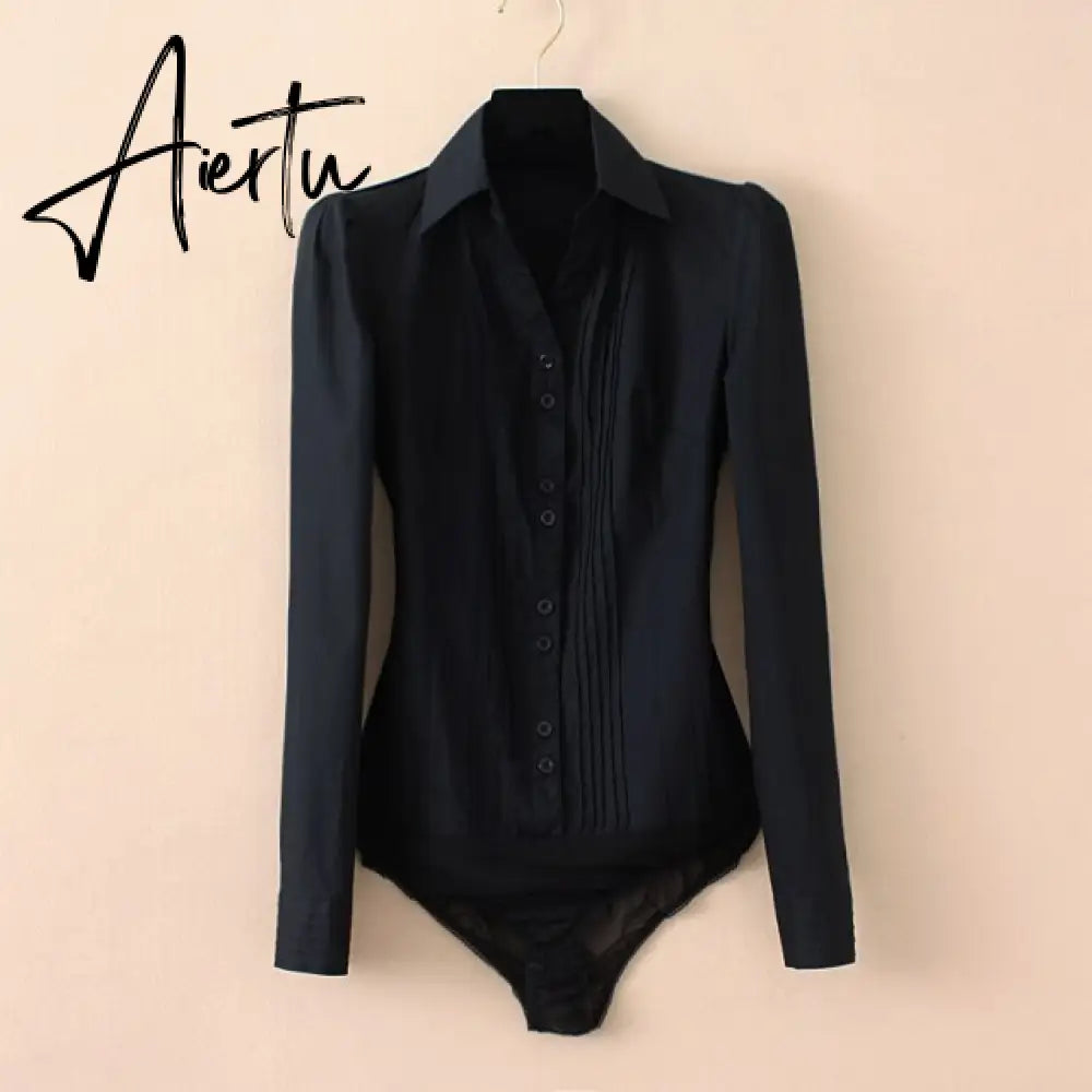 Plus Size Solid Color Turn-down Collar V Neck Bodysuit Women Shirts Front Pleated White Blouse Office Ladies Tops Black Blue 5XL Aiertu