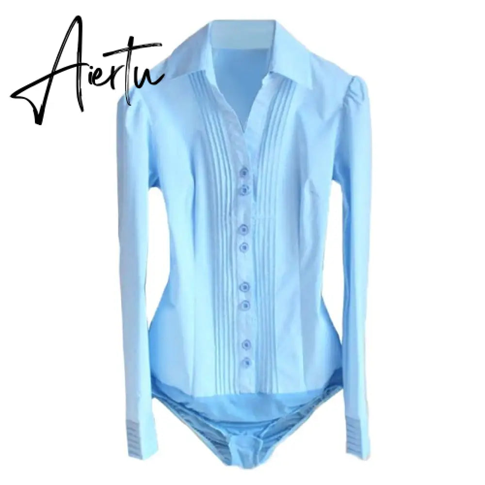 Plus Size Solid Color Turn-down Collar V Neck Bodysuit Women Shirts Front Pleated White Blouse Office Ladies Tops Black Blue 5XL Aiertu