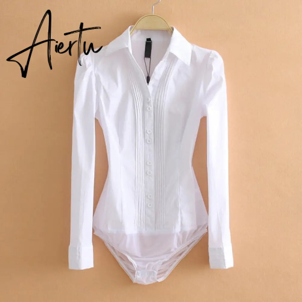 Plus Size Solid Color Turn-down Collar V Neck Bodysuit Women Shirts Front Pleated White Blouse Office Ladies Tops Black Blue 5XL Aiertu