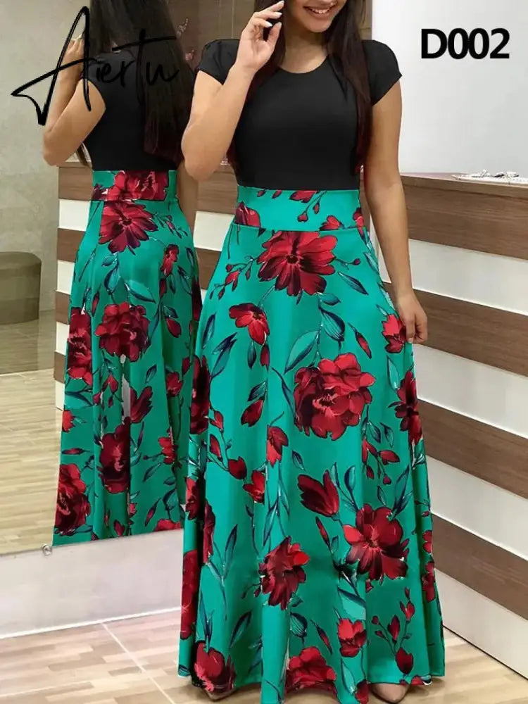 Plus Size Women's Summer Print Stitching Flower Long Banquet Dress Bodycon Dress Elegant Sexy Woman Super Long Dress Aiertu
