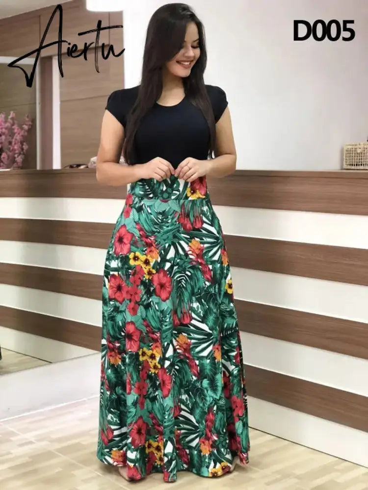 Plus Size Women's Summer Print Stitching Flower Long Banquet Dress Bodycon Dress Elegant Sexy Woman Super Long Dress Aiertu