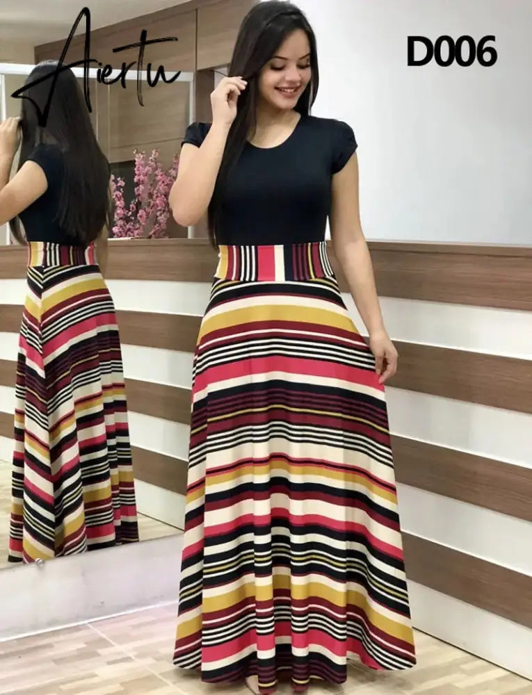 Plus Size Women's Summer Print Stitching Flower Long Banquet Dress Bodycon Dress Elegant Sexy Woman Super Long Dress Aiertu