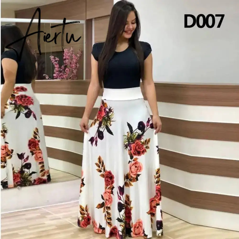 Plus Size Women's Summer Print Stitching Flower Long Banquet Dress Bodycon Dress Elegant Sexy Woman Super Long Dress Aiertu