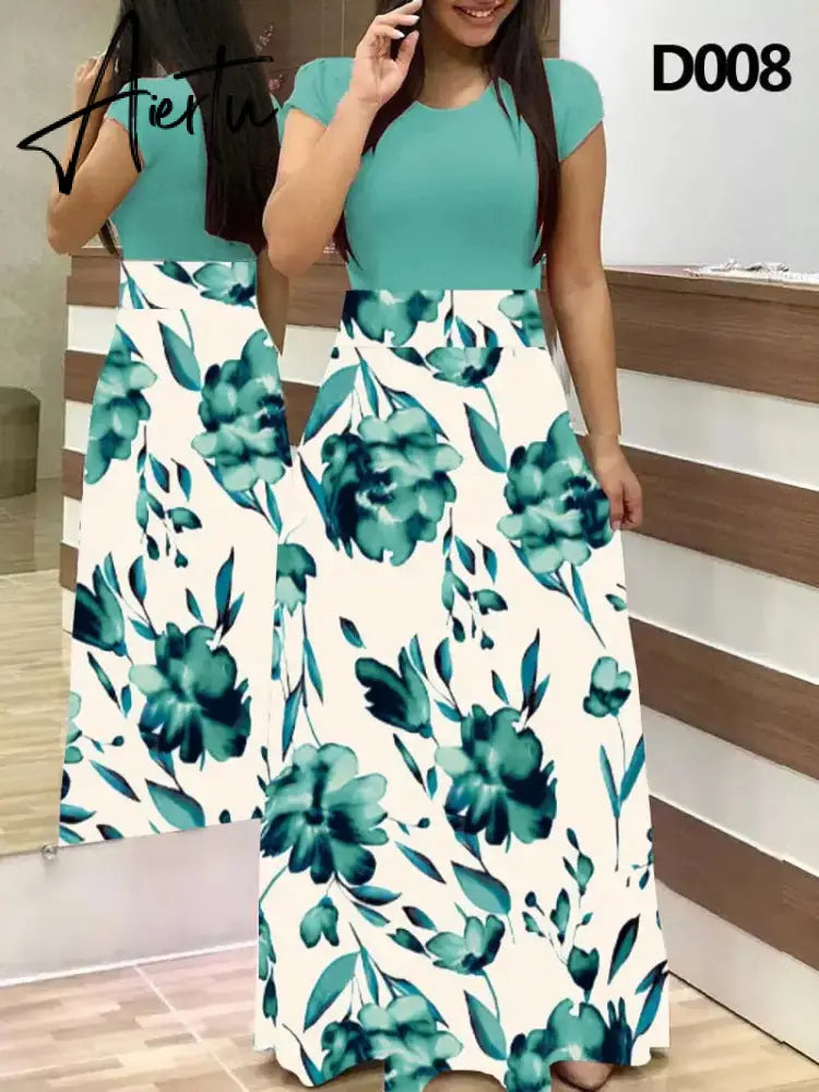 Plus Size Women's Summer Print Stitching Flower Long Banquet Dress Bodycon Dress Elegant Sexy Woman Super Long Dress Aiertu