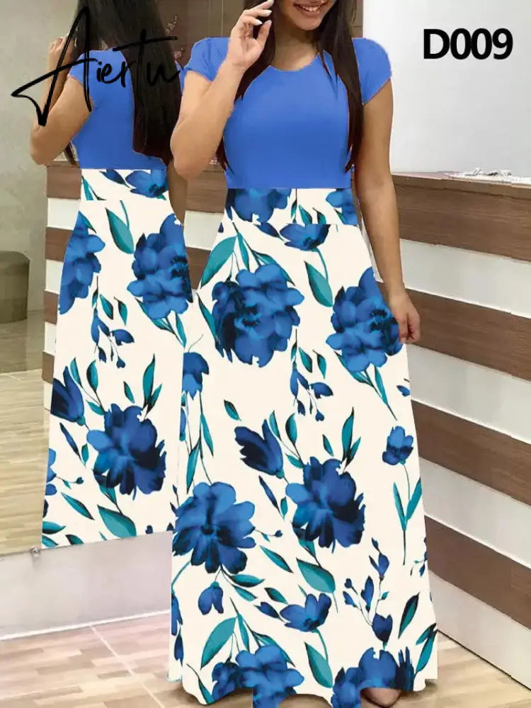 Plus Size Women's Summer Print Stitching Flower Long Banquet Dress Bodycon Dress Elegant Sexy Woman Super Long Dress Aiertu