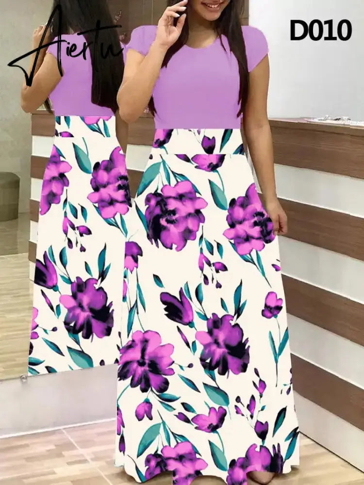 Plus Size Women's Summer Print Stitching Flower Long Banquet Dress Bodycon Dress Elegant Sexy Woman Super Long Dress Aiertu