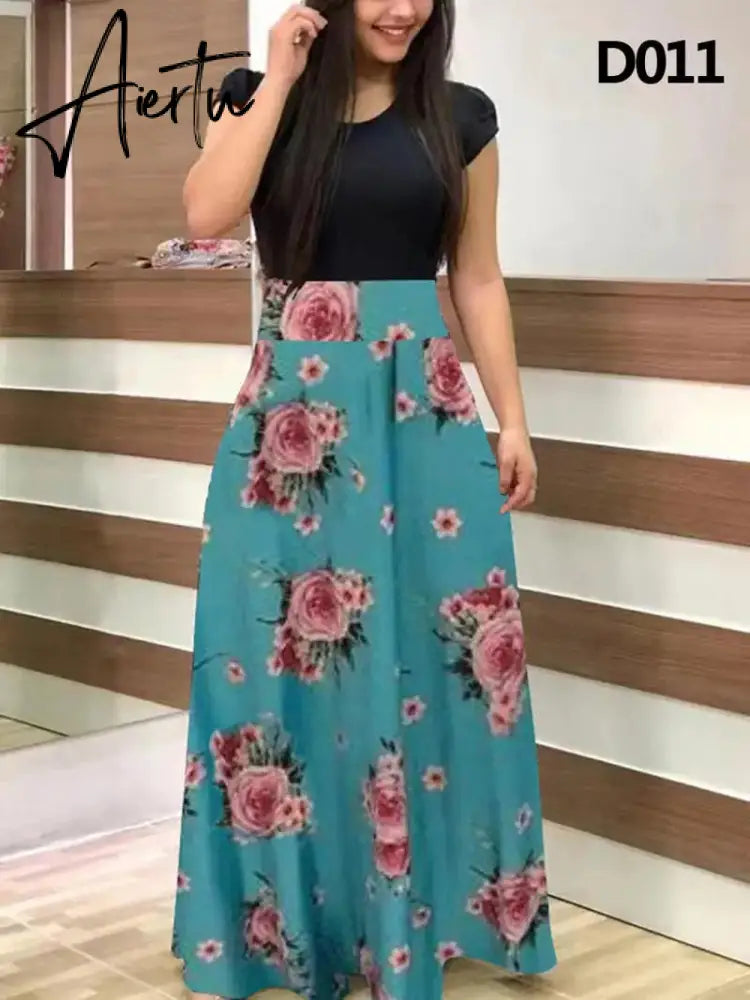 Plus Size Women's Summer Print Stitching Flower Long Banquet Dress Bodycon Dress Elegant Sexy Woman Super Long Dress Aiertu
