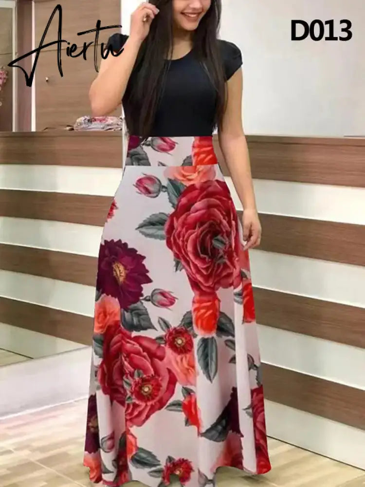 Plus Size Women's Summer Print Stitching Flower Long Banquet Dress Bodycon Dress Elegant Sexy Woman Super Long Dress Aiertu