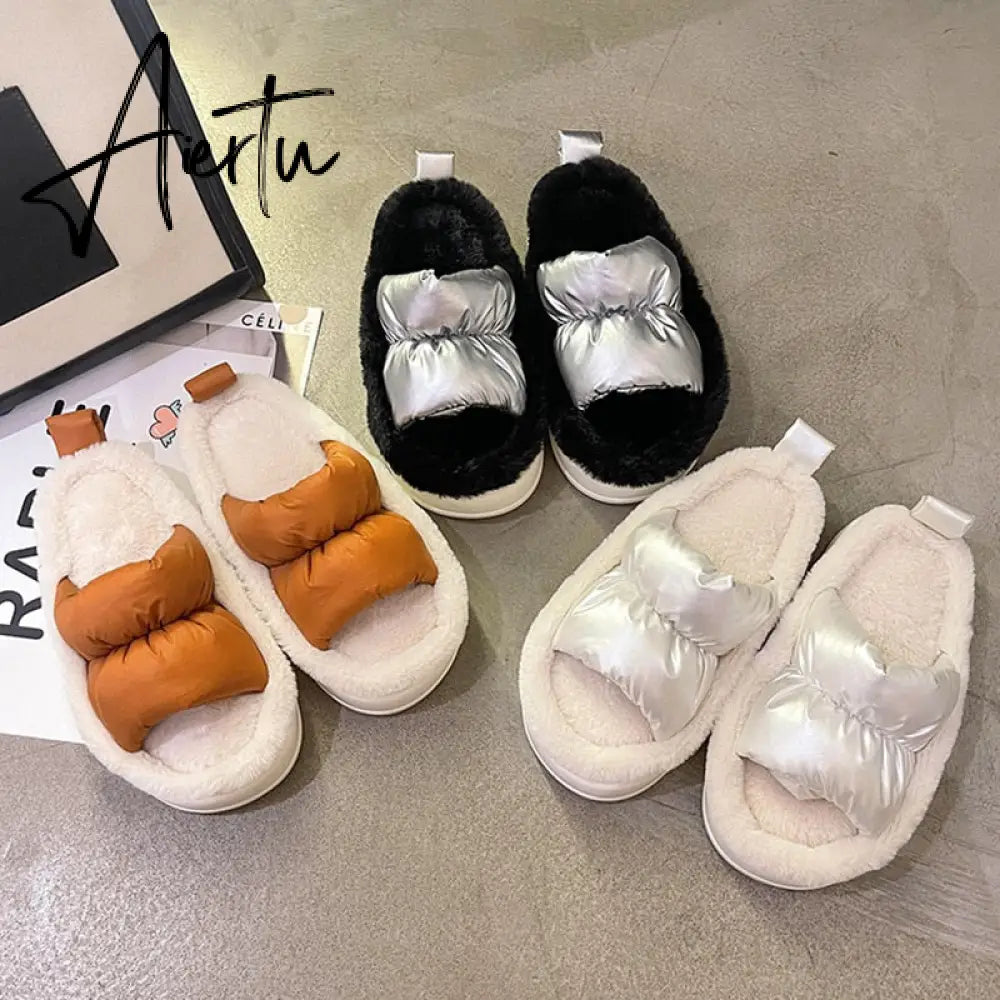 Plush Slippers Women Winter Warm Fluffy Fur Furry Thick Bottom Cotton Home Women Slippers Non-slip Flip Flops Indoor Shoes Aiertu