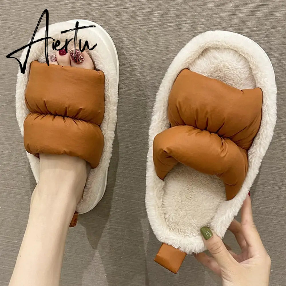 Plush Slippers Women Winter Warm Fluffy Fur Furry Thick Bottom Cotton Home Women Slippers Non-slip Flip Flops Indoor Shoes Aiertu