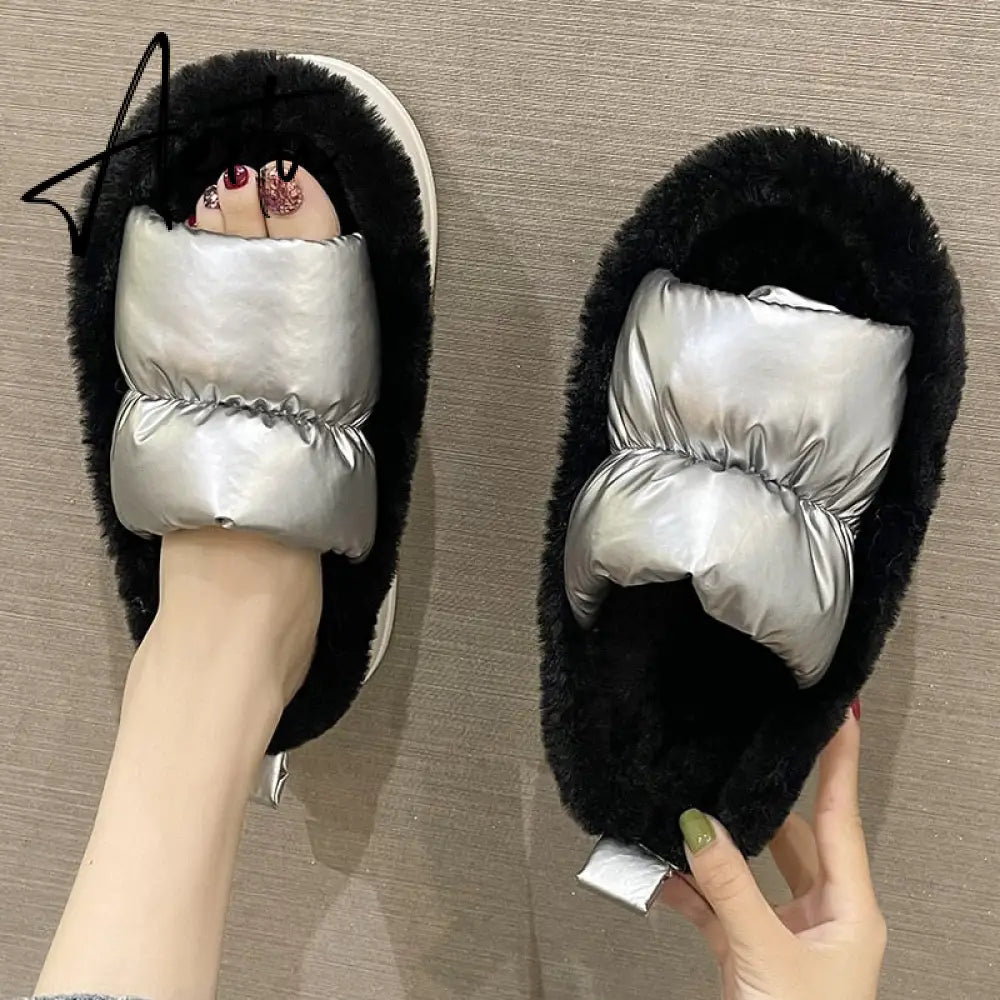 Plush Slippers Women Winter Warm Fluffy Fur Furry Thick Bottom Cotton Home Women Slippers Non-slip Flip Flops Indoor Shoes Aiertu