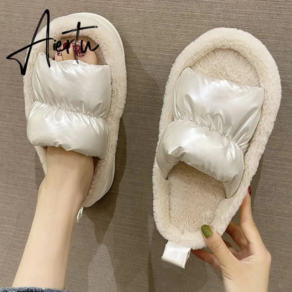 Plush Slippers Women Winter Warm Fluffy Fur Furry Thick Bottom Cotton Home Women Slippers Non-slip Flip Flops Indoor Shoes Aiertu