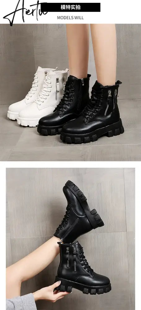 Pofulove Black Boots Winter Shoes Women Ankel Boots Goth Shoes Platform Boots Snow Booties Woman Warm Botas Fall Flat Zapatos Aiertu