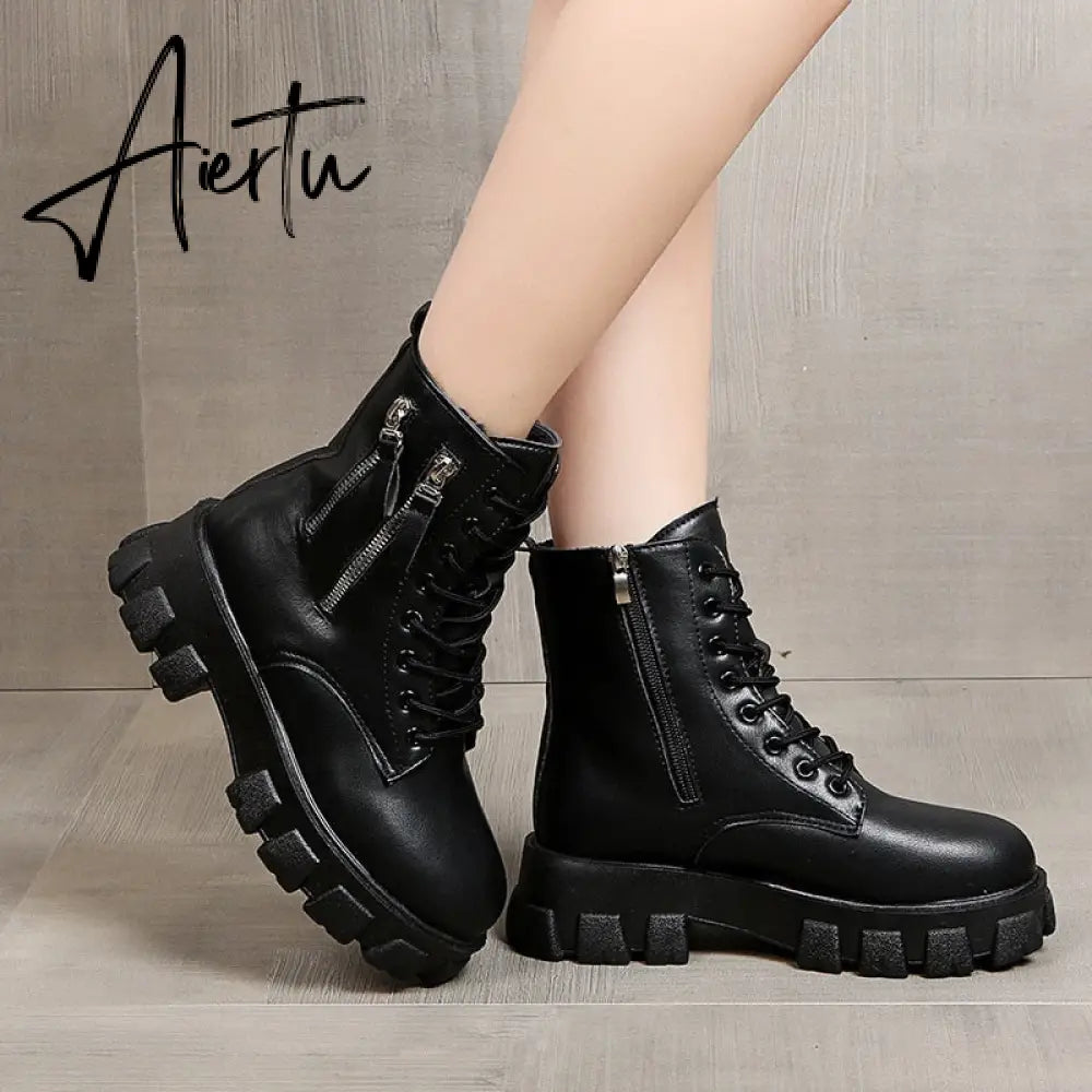 Pofulove Black Boots Winter Shoes Women Ankel Boots Goth Shoes Platform Boots Snow Booties Woman Warm Botas Fall Flat Zapatos Aiertu