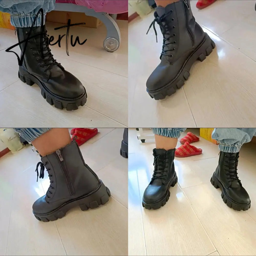 Pofulove Black Boots Winter Shoes Women Ankel Boots Goth Shoes Platform Boots Snow Booties Woman Warm Botas Fall Flat Zapatos Aiertu
