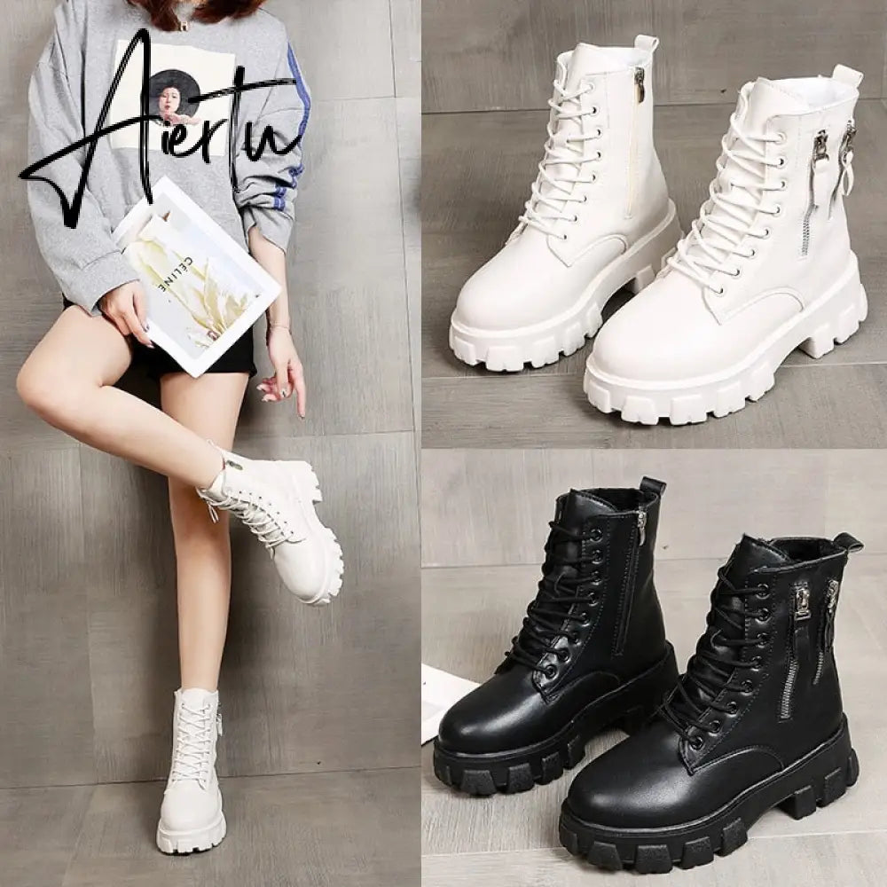 Pofulove Black Boots Winter Shoes Women Ankel Boots Goth Shoes Platform Boots Snow Booties Woman Warm Botas Fall Flat Zapatos Aiertu
