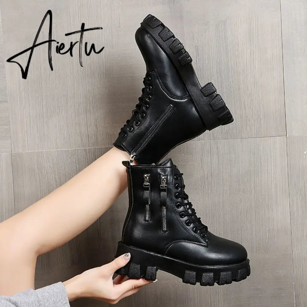 Pofulove Black Boots Winter Shoes Women Ankel Boots Goth Shoes Platform Boots Snow Booties Woman Warm Botas Fall Flat Zapatos Aiertu
