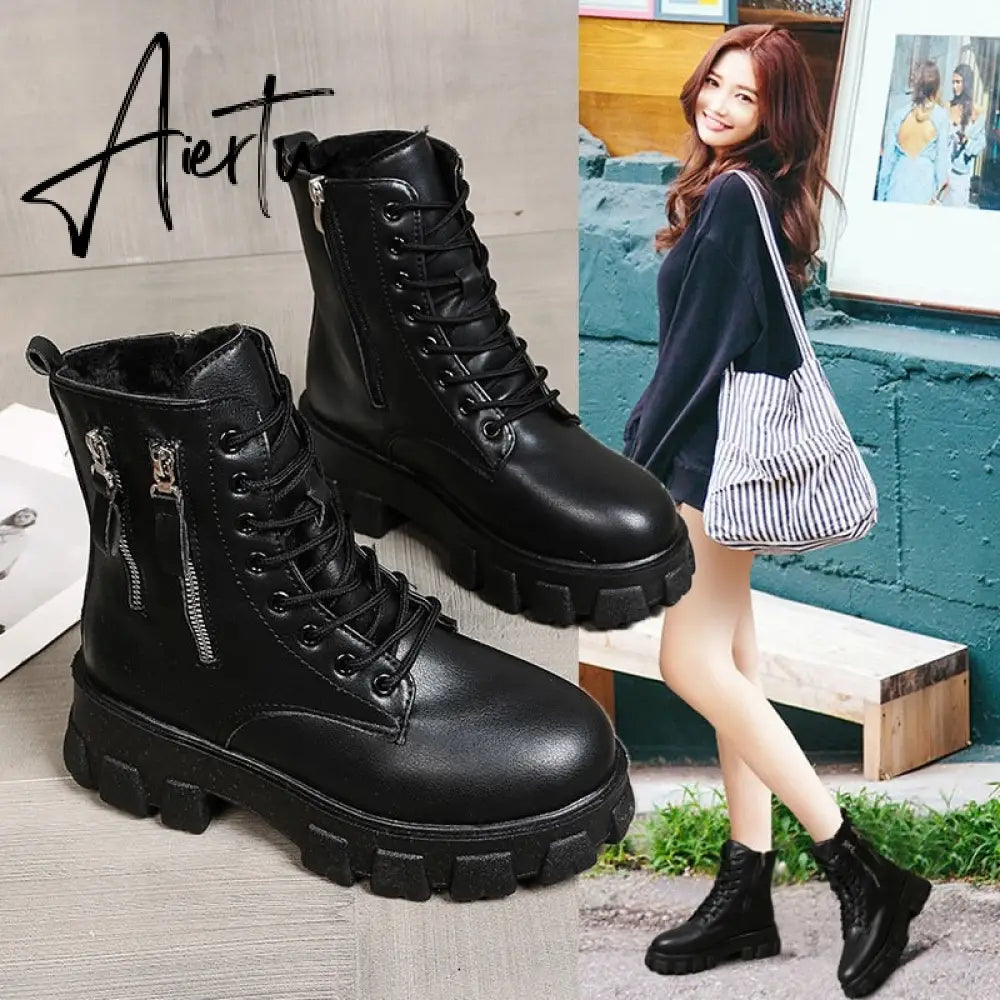 Pofulove Black Boots Winter Shoes Women Ankel Boots Goth Shoes Platform Boots Snow Booties Woman Warm Botas Fall Flat Zapatos Aiertu