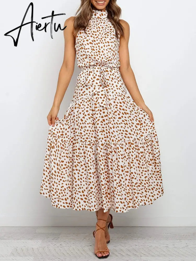 Polka Dots Vintage Women Summer Halter Maxi Boho Dress Sleevless Navy Blue Floral Print Long Sash Beige A-line Beach Casual Robe Aiertu