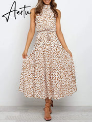 Polka Dots Vintage Women Summer Halter Maxi Boho Dress Sleevless Navy Blue Floral Print Long Sash Beige A-line Beach Casual Robe Aiertu