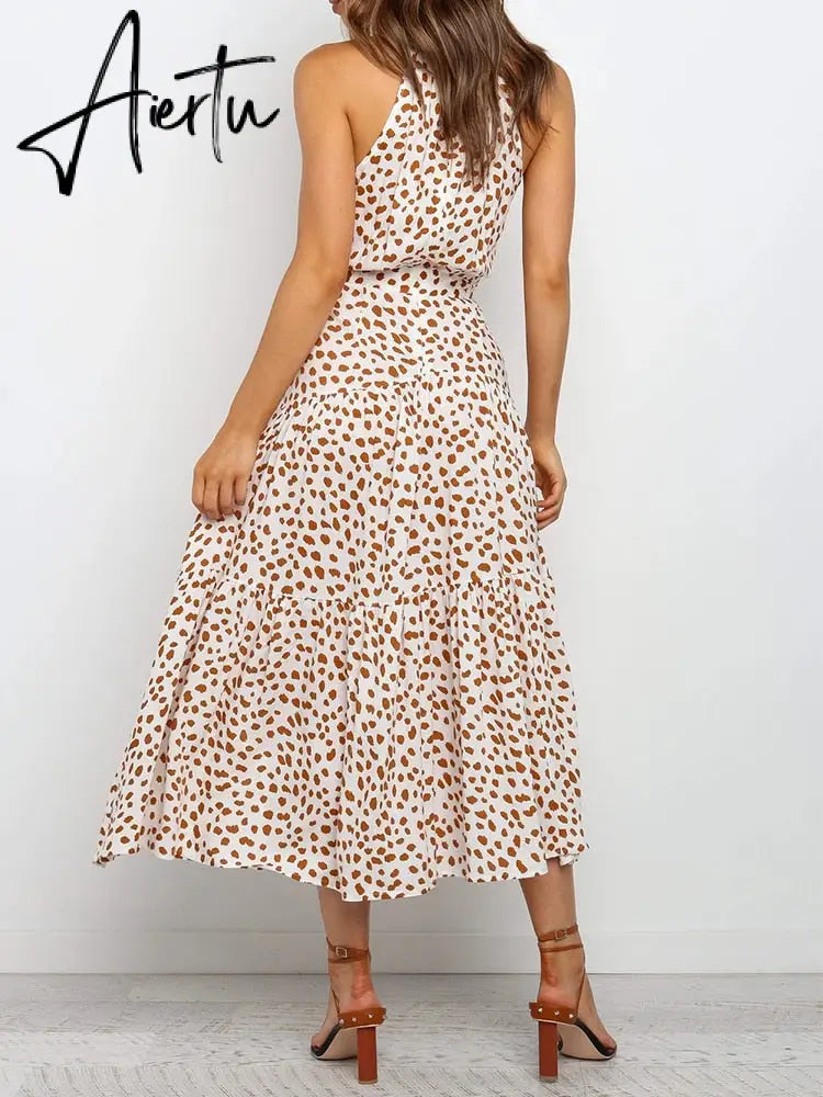 Polka Dots Vintage Women Summer Halter Maxi Boho Dress Sleevless Navy Blue Floral Print Long Sash Beige A-line Beach Casual Robe Aiertu