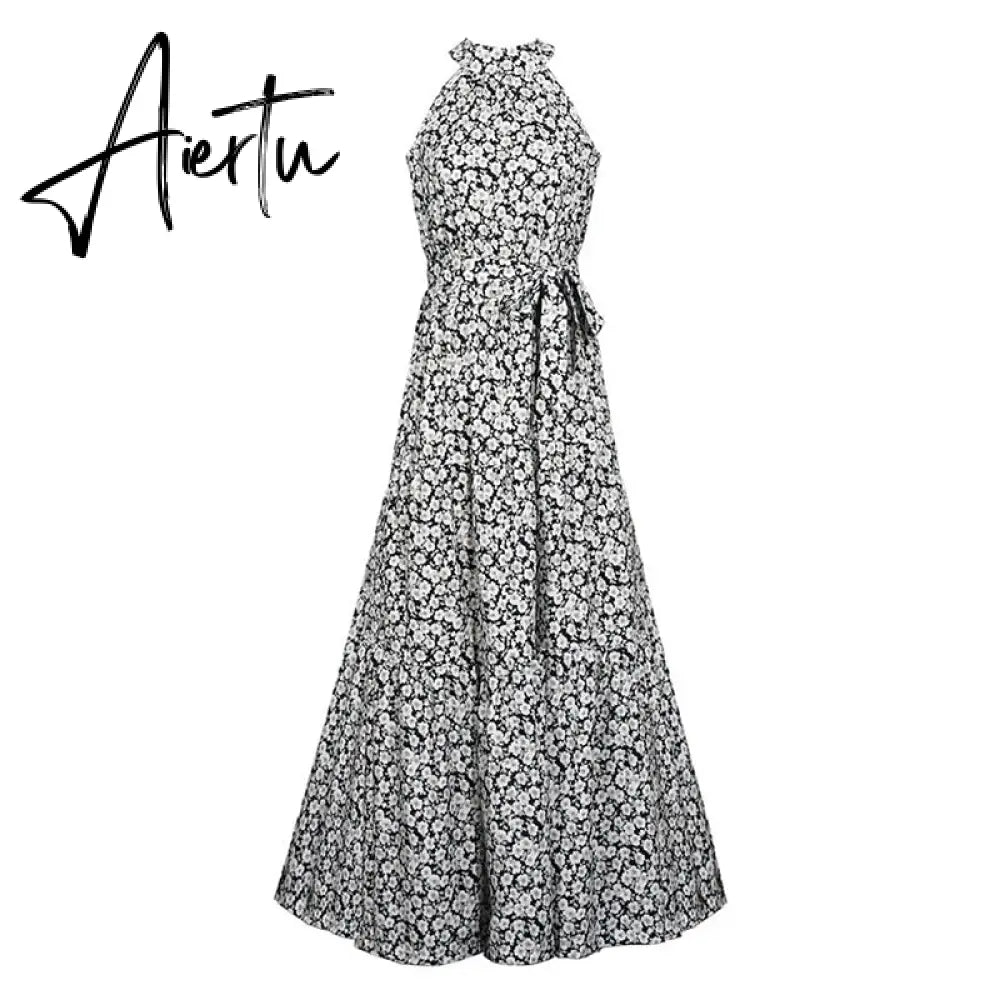 Polka Dots Vintage Women Summer Halter Maxi Boho Dress Sleevless Navy Blue Floral Print Long Sash Beige A-line Beach Casual Robe Aiertu