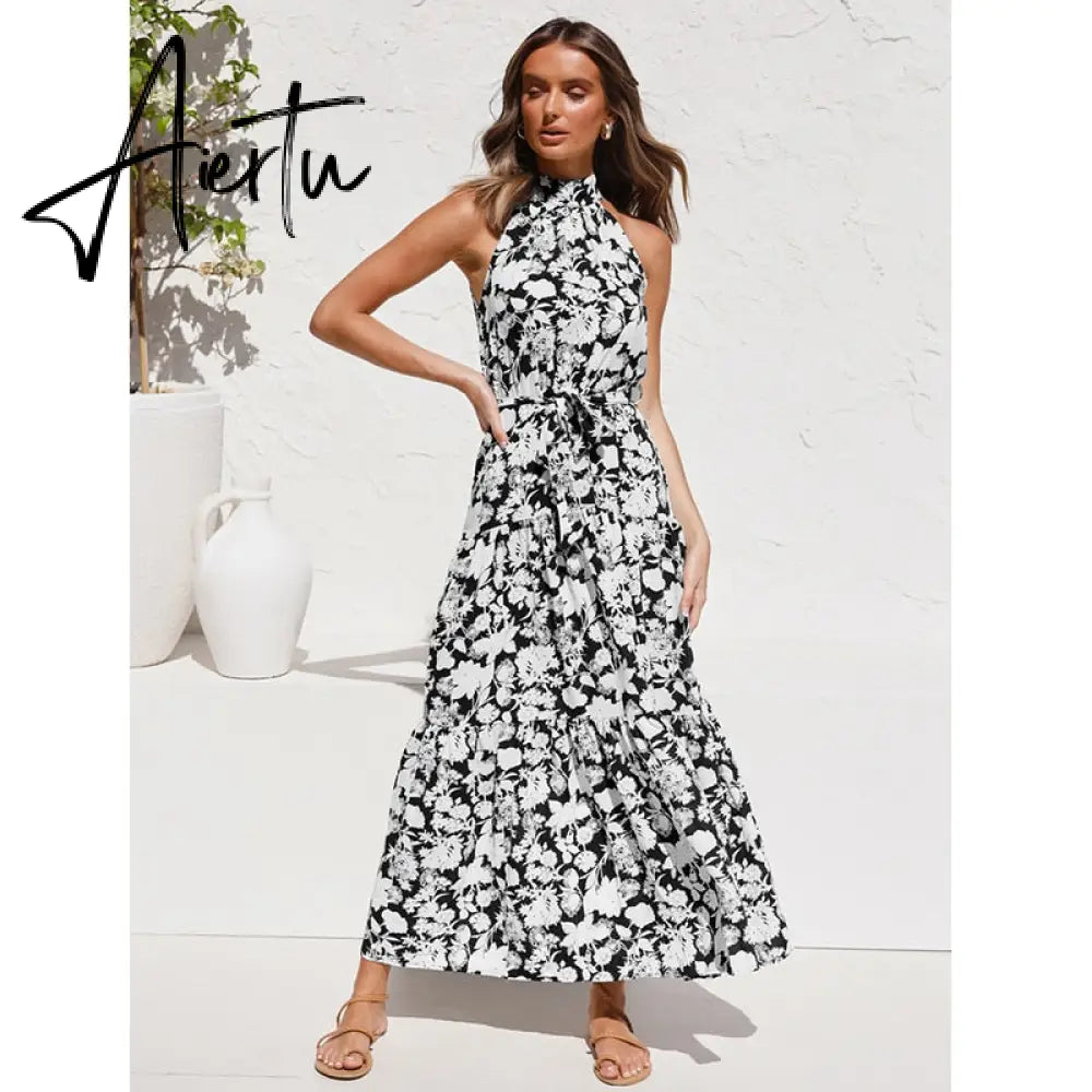 Polka Dots Vintage Women Summer Halter Maxi Boho Dress Sleevless Navy Blue Floral Print Long Sash Beige A-line Beach Casual Robe Aiertu