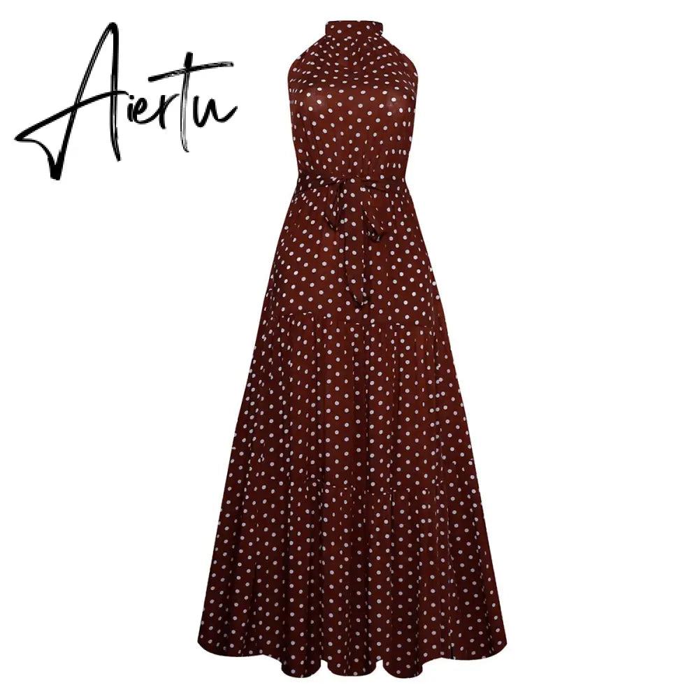 Polka Dots Vintage Women Summer Halter Maxi Boho Dress Sleevless Navy Blue Floral Print Long Sash Beige A-line Beach Casual Robe Aiertu