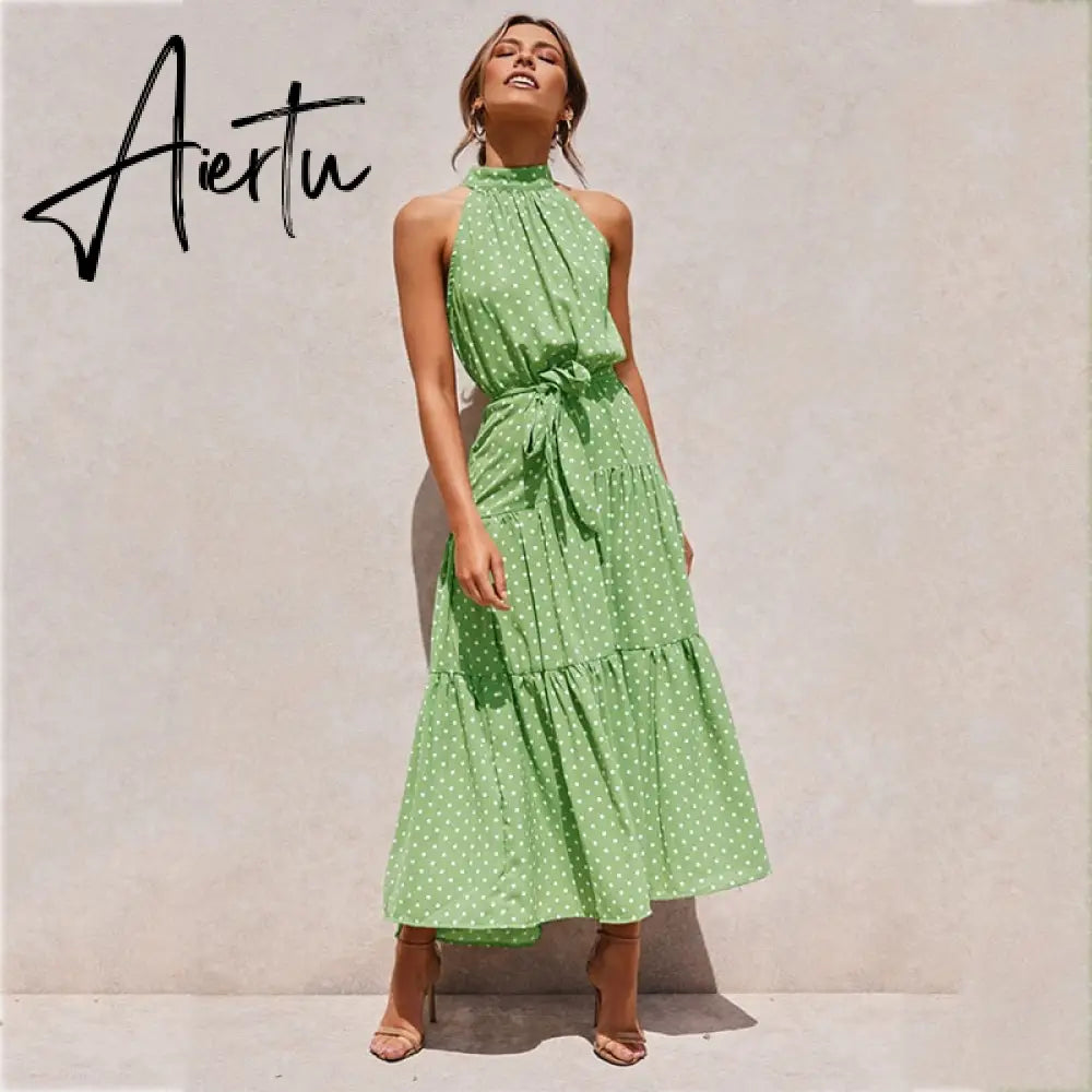 Polka Dots Vintage Women Summer Halter Maxi Boho Dress Sleevless Navy Blue Floral Print Long Sash Beige A-line Beach Casual Robe Aiertu