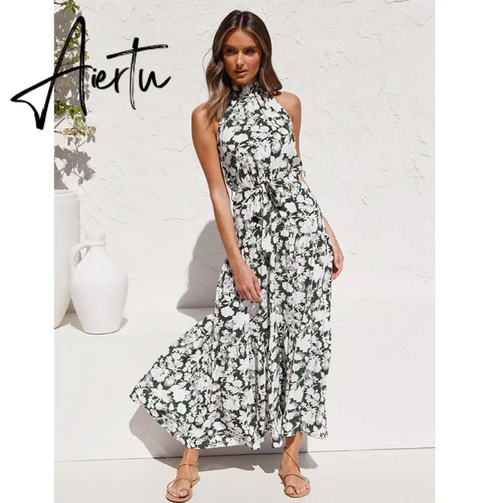 Polka Dots Vintage Women Summer Halter Maxi Boho Dress Sleevless Navy Blue Floral Print Long Sash Beige A-line Beach Casual Robe Aiertu
