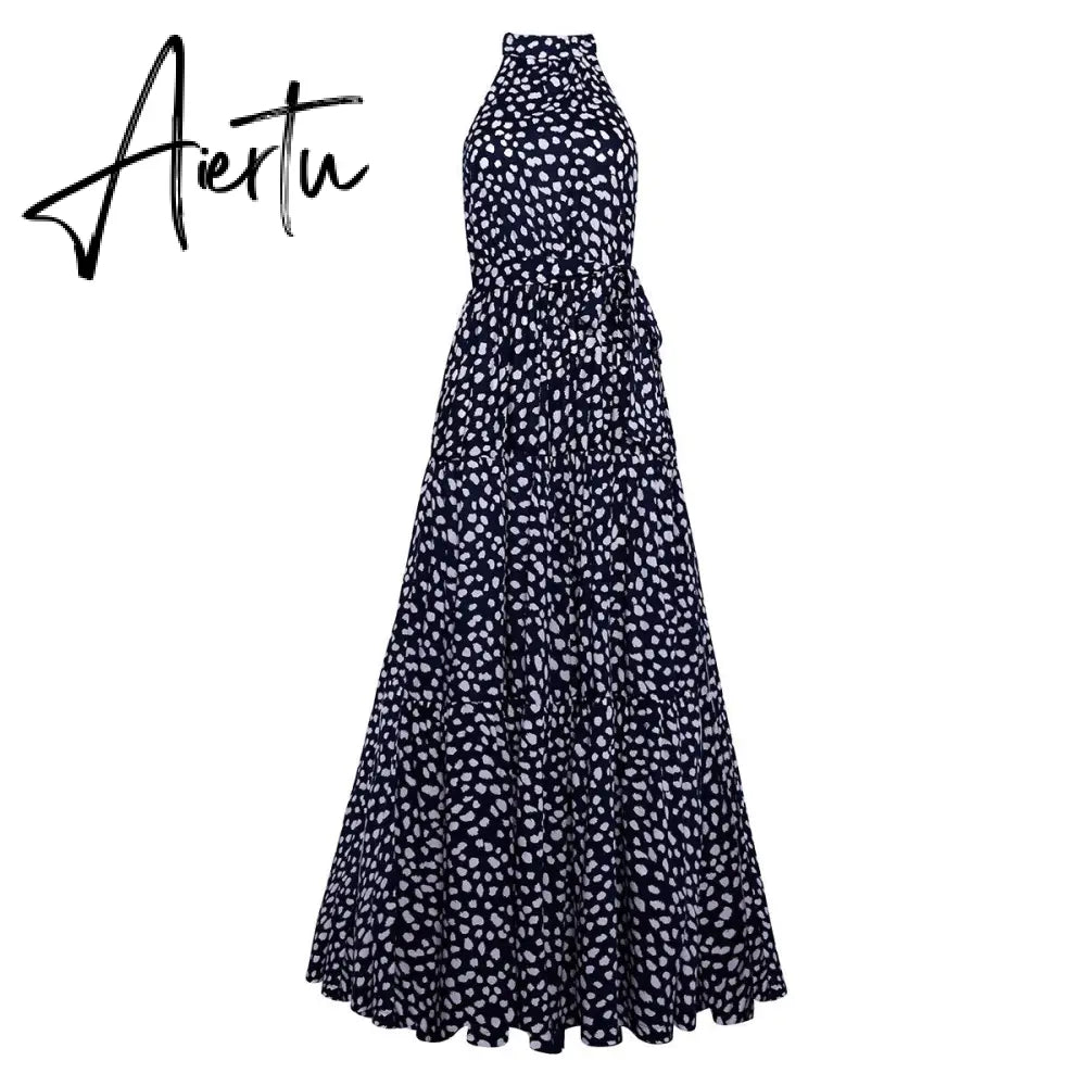 Polka Dots Vintage Women Summer Halter Maxi Boho Dress Sleevless Navy Blue Floral Print Long Sash Beige A-line Beach Casual Robe Aiertu