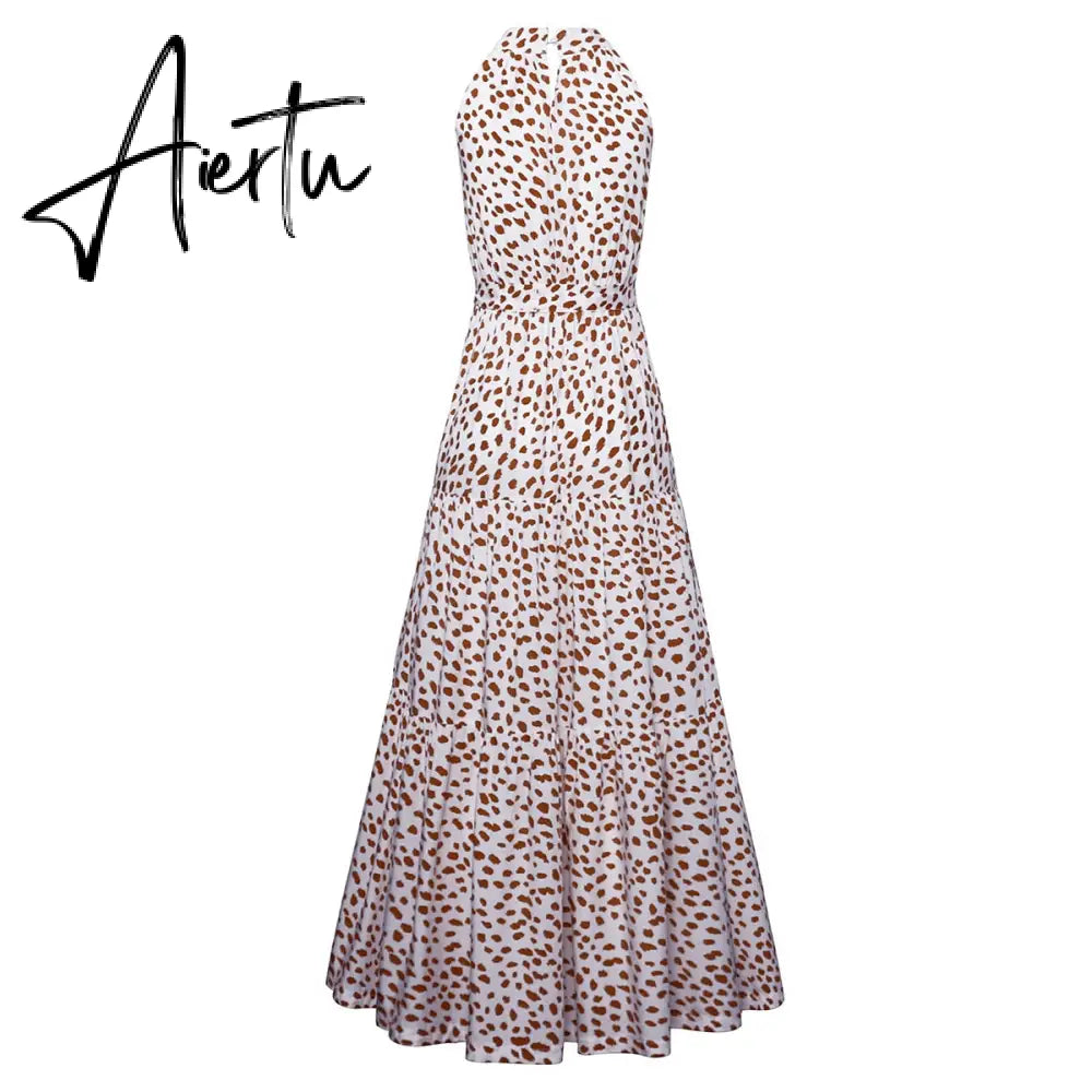 Polka Dots Vintage Women Summer Halter Maxi Boho Dress Sleevless Navy Blue Floral Print Long Sash Beige A-line Beach Casual Robe Aiertu