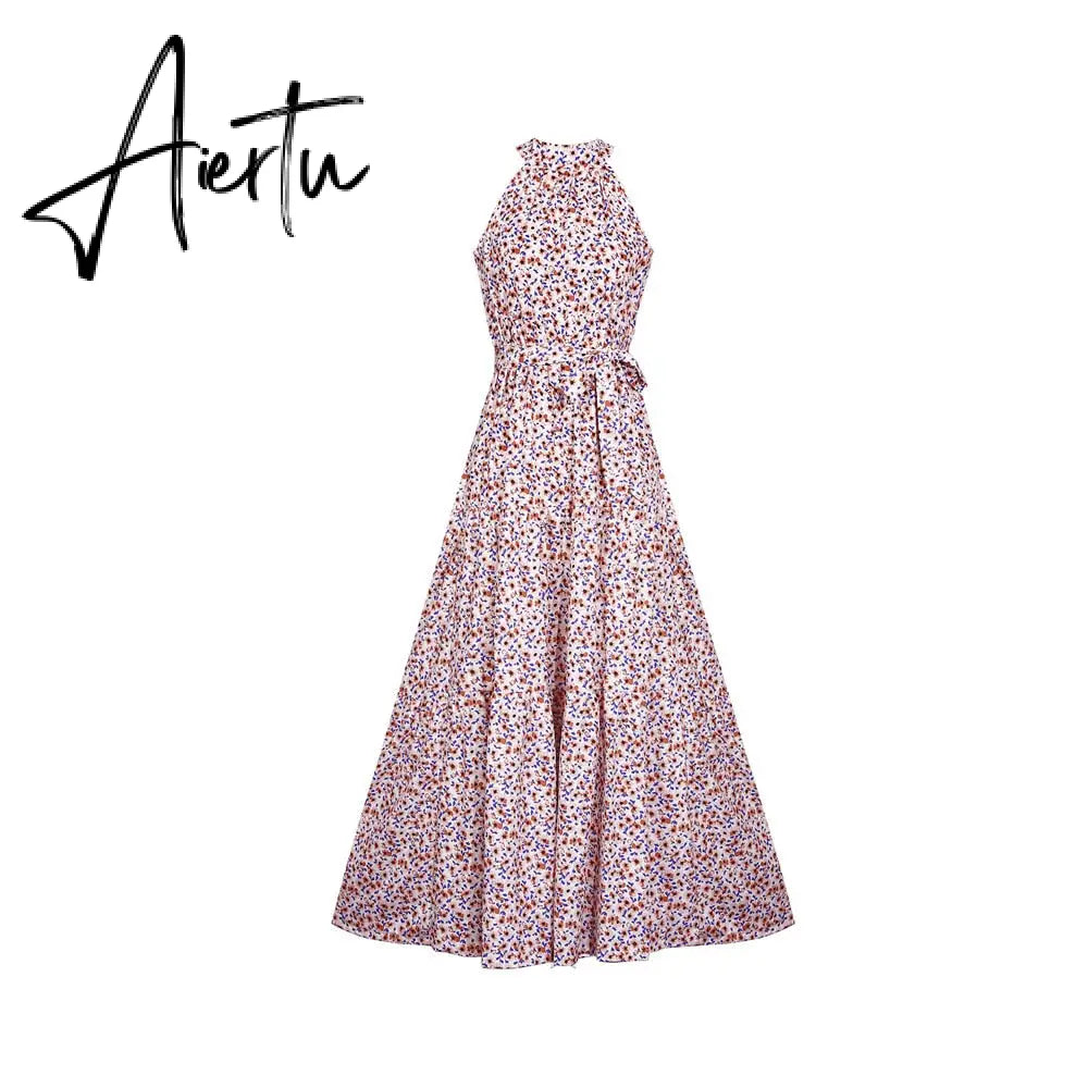 Polka Dots Vintage Women Summer Halter Maxi Boho Dress Sleevless Navy Blue Floral Print Long Sash Beige A-line Beach Casual Robe Aiertu