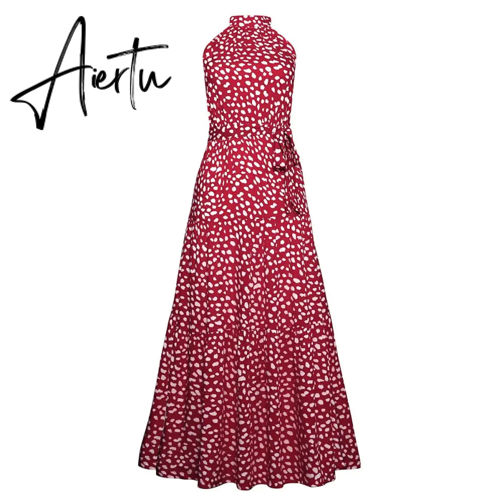 Polka Dots Vintage Women Summer Halter Maxi Boho Dress Sleevless Navy Blue Floral Print Long Sash Beige A-line Beach Casual Robe Aiertu