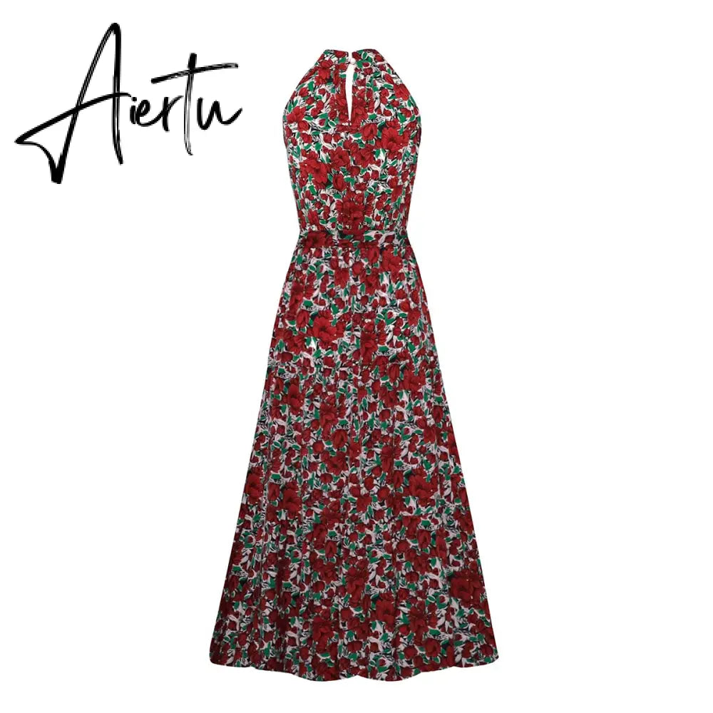Polka Dots Vintage Women Summer Halter Maxi Boho Dress Sleevless Navy Blue Floral Print Long Sash Beige A-line Beach Casual Robe Aiertu
