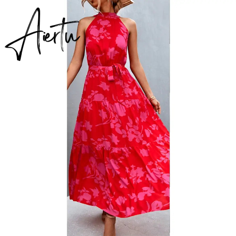 Polka Dots Vintage Women Summer Halter Maxi Boho Dress Sleevless Navy Blue Floral Print Long Sash Beige A-line Beach Casual Robe Aiertu