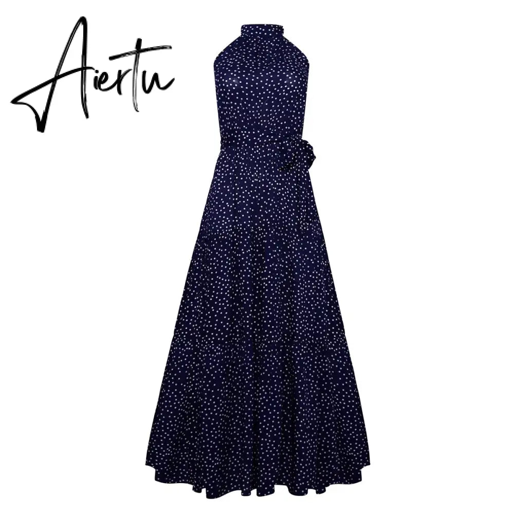 Polka Dots Vintage Women Summer Halter Maxi Boho Dress Sleevless Navy Blue Floral Print Long Sash Beige A-line Beach Casual Robe Aiertu