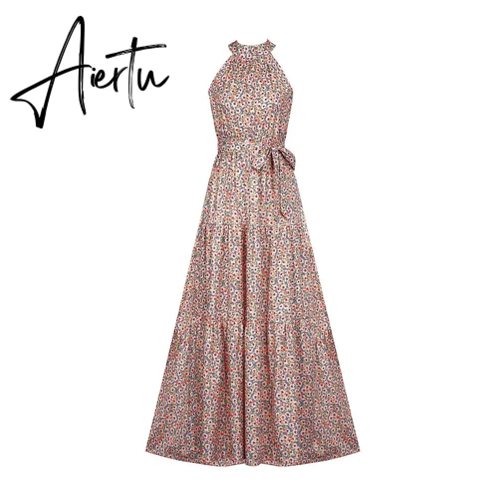 Polka Dots Vintage Women Summer Halter Maxi Boho Dress Sleevless Navy Blue Floral Print Long Sash Beige A-line Beach Casual Robe Aiertu
