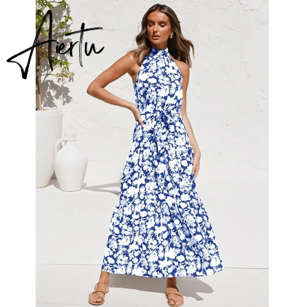 Polka Dots Vintage Women Summer Halter Maxi Boho Dress Sleevless Navy Blue Floral Print Long Sash Beige A-line Beach Casual Robe Aiertu