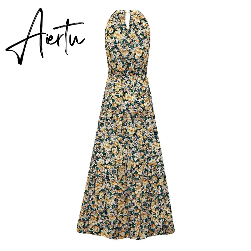 Polka Dots Vintage Women Summer Halter Maxi Boho Dress Sleevless Navy Blue Floral Print Long Sash Beige A-line Beach Casual Robe Aiertu