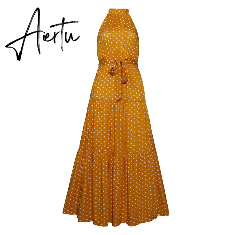 Polka Dots Vintage Women Summer Halter Maxi Boho Dress Sleevless Navy Blue Floral Print Long Sash Beige A-line Beach Casual Robe Aiertu