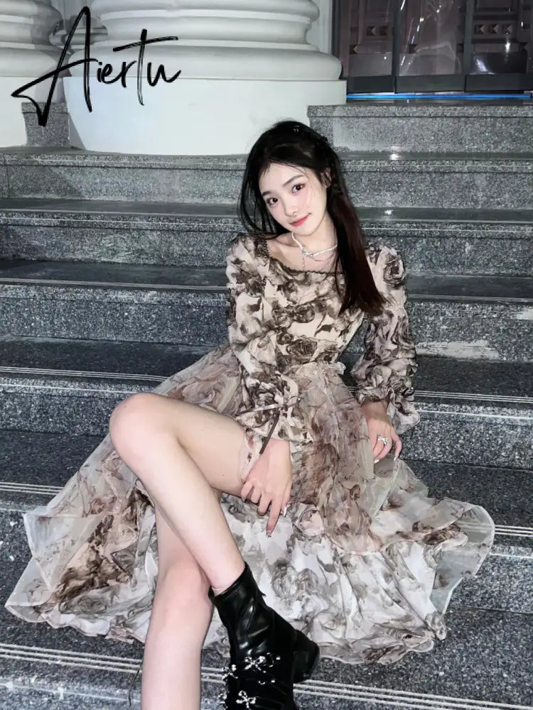 Print Floral Evening Dress Women Vintage Mesh Midi Party Dress Female Puff Sleeve Sweet Dress Square Collar Autumn Beach Dress Aiertu