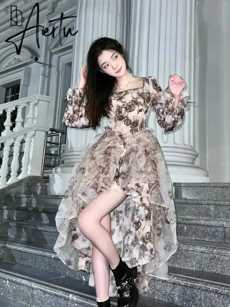 Print Floral Evening Dress Women Vintage Mesh Midi Party Dress Female Puff Sleeve Sweet Dress Square Collar Autumn Beach Dress Aiertu