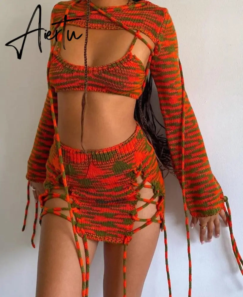 Print Knitting Women Long Sleeve Crop Top Drawstring Mini Dress 2 Piece Set  Autumn Y2K Streetwear Outfit Fashion Aiertu