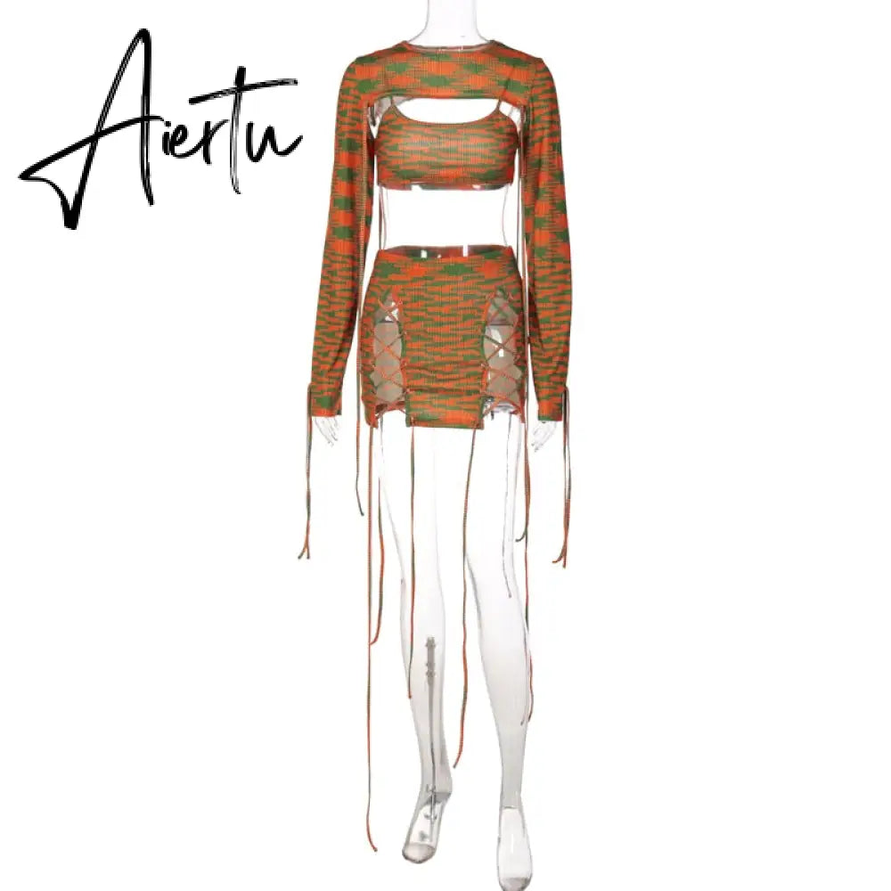 Print Knitting Women Long Sleeve Crop Top Drawstring Mini Dress 2 Piece Set  Autumn Y2K Streetwear Outfit Fashion Aiertu